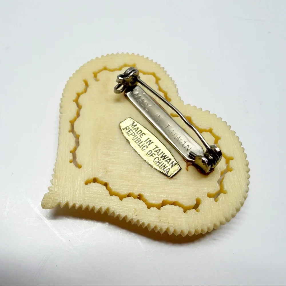 Vintage Celluloid Carved Floral Rose Heart Brooch